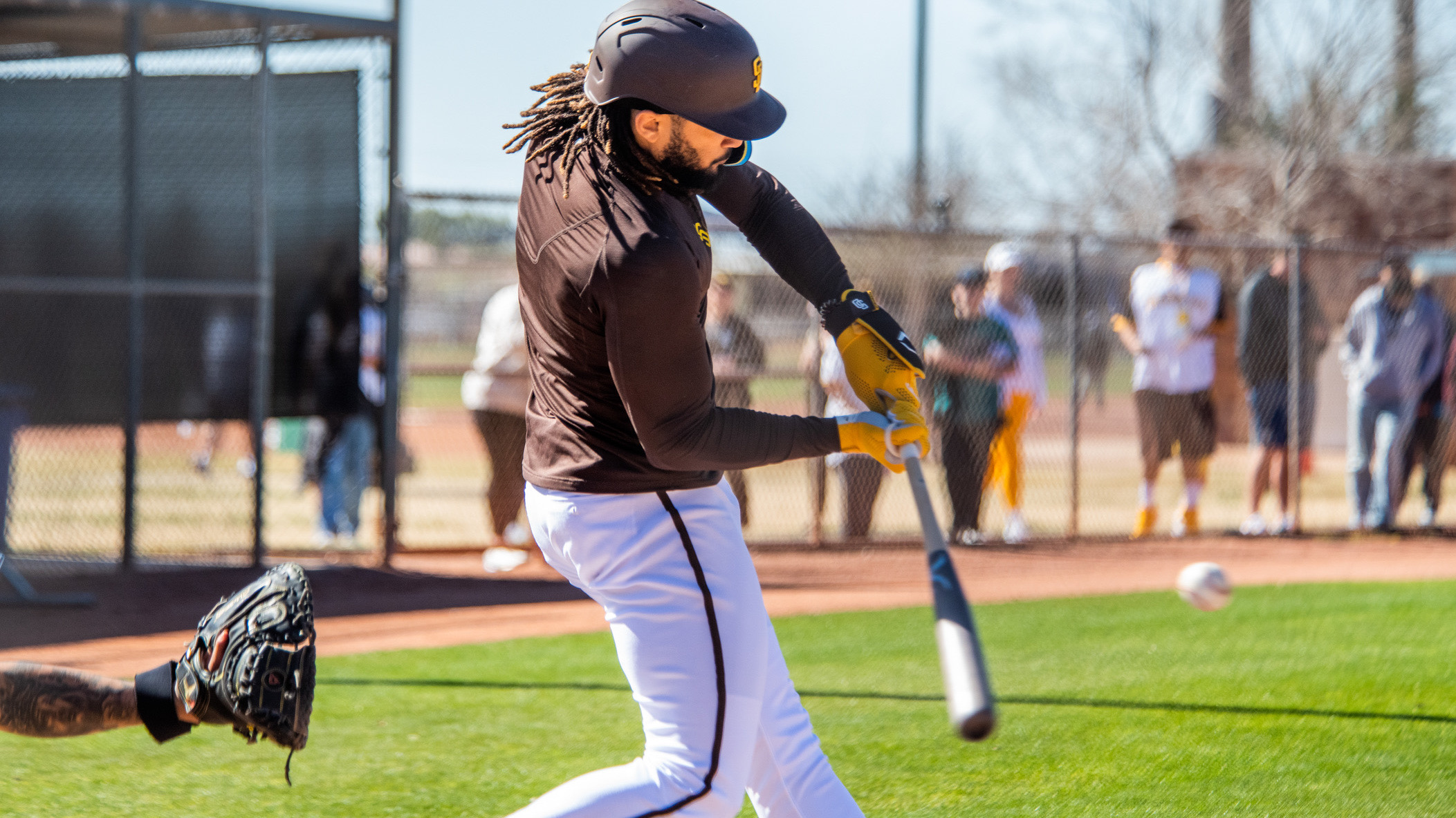 Fernando Tatis Jr. takes a swing at the Peoria Sports Complex in Peoria, Ariz. in March, 2023.