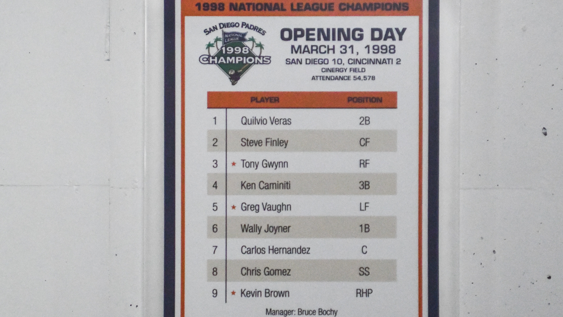 San Diego Padres 1998 Opening Day lineup card inside Petco Park in San Diego CA.