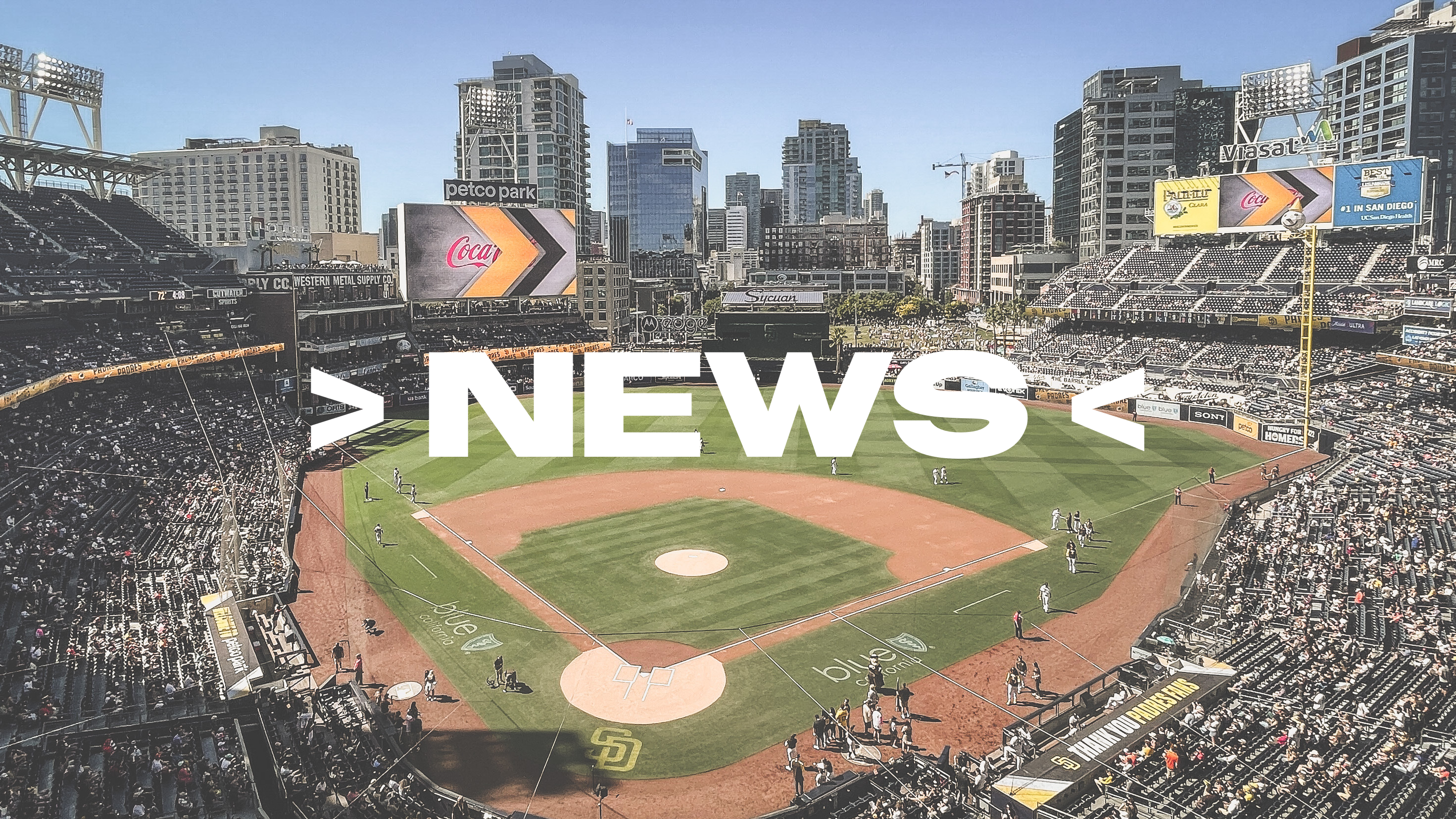 “News” in all caps across a faded photo of Petco Park in the background.