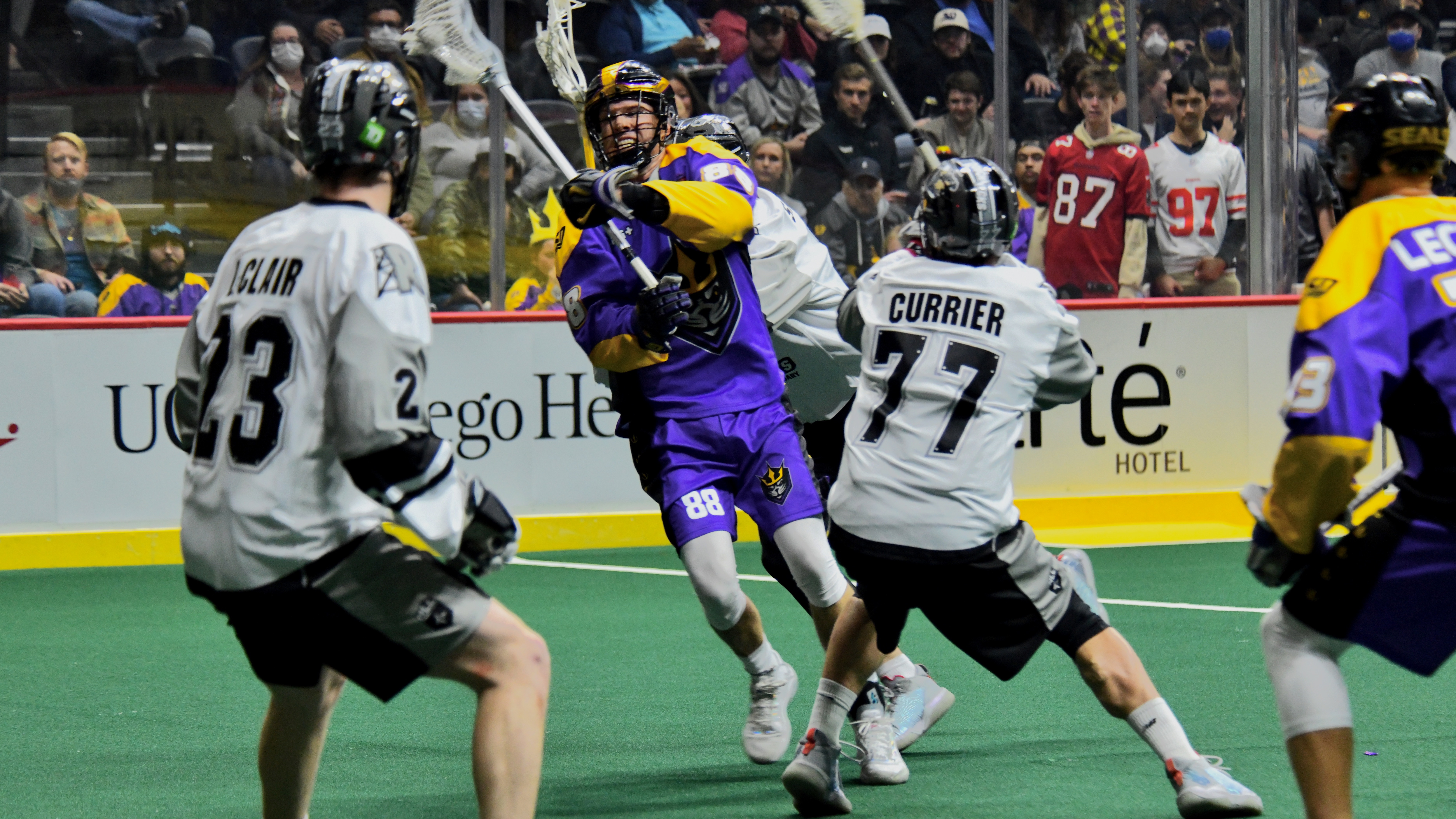 Zack Greer takes a shot on the goal against the Calgary Roughnecks in San Diego’s 13-10 victory.