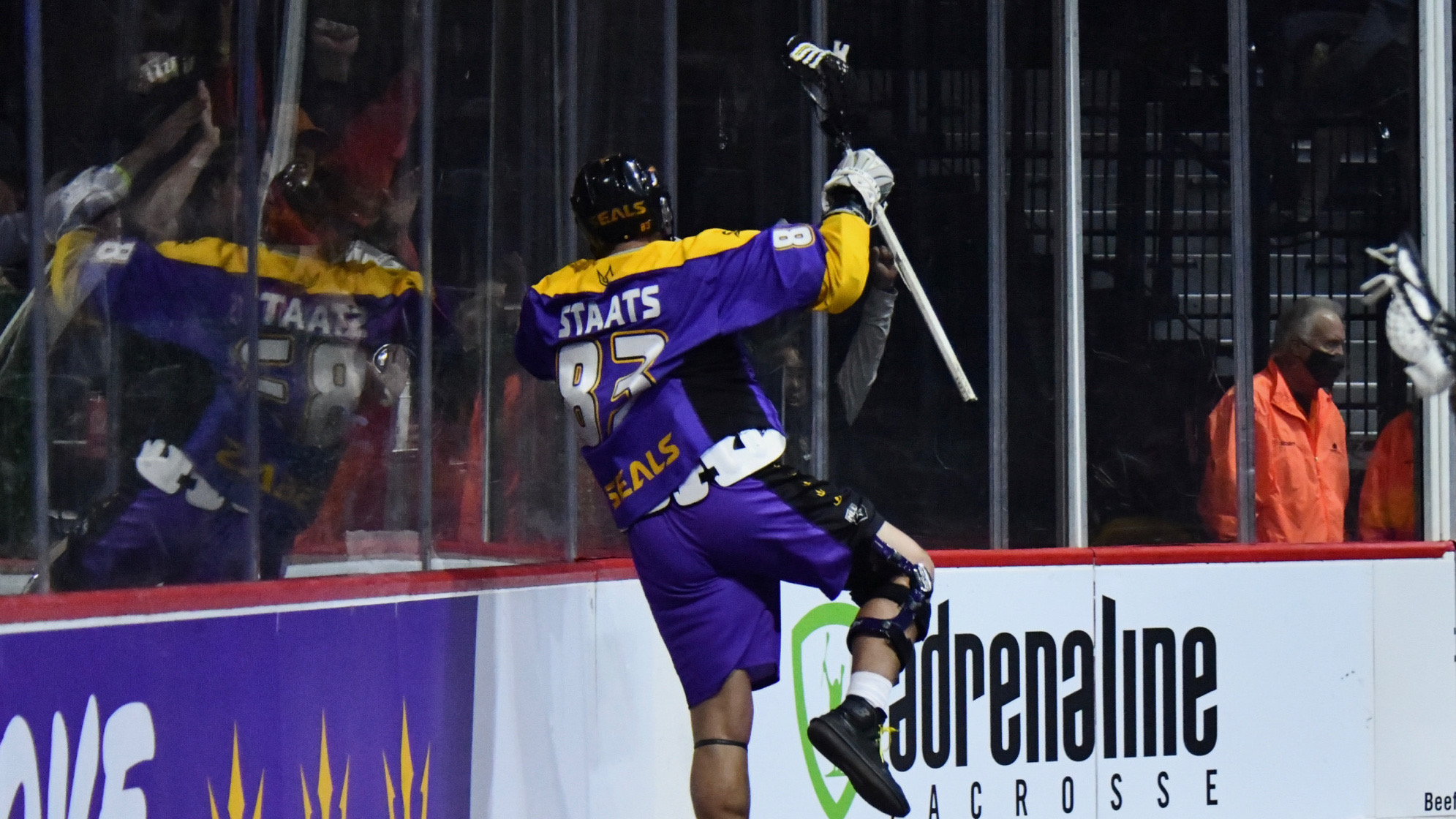 Austin Staats celebrates his first goal of the game against the Albany Firewolves. 