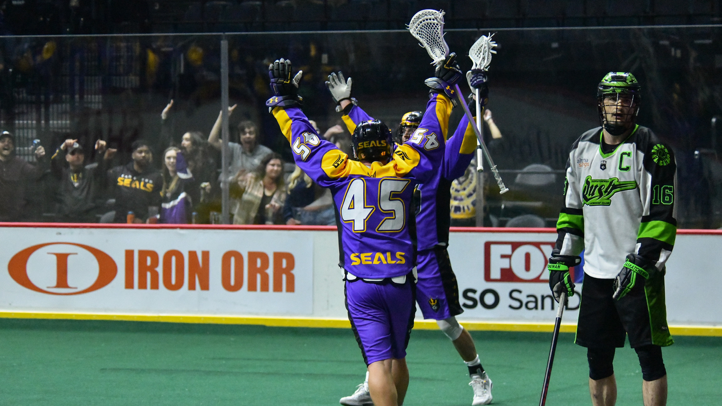 Jeremy Noble and Zack Greer celebrate San Diego’s game-tying goal in the fourth quarter.